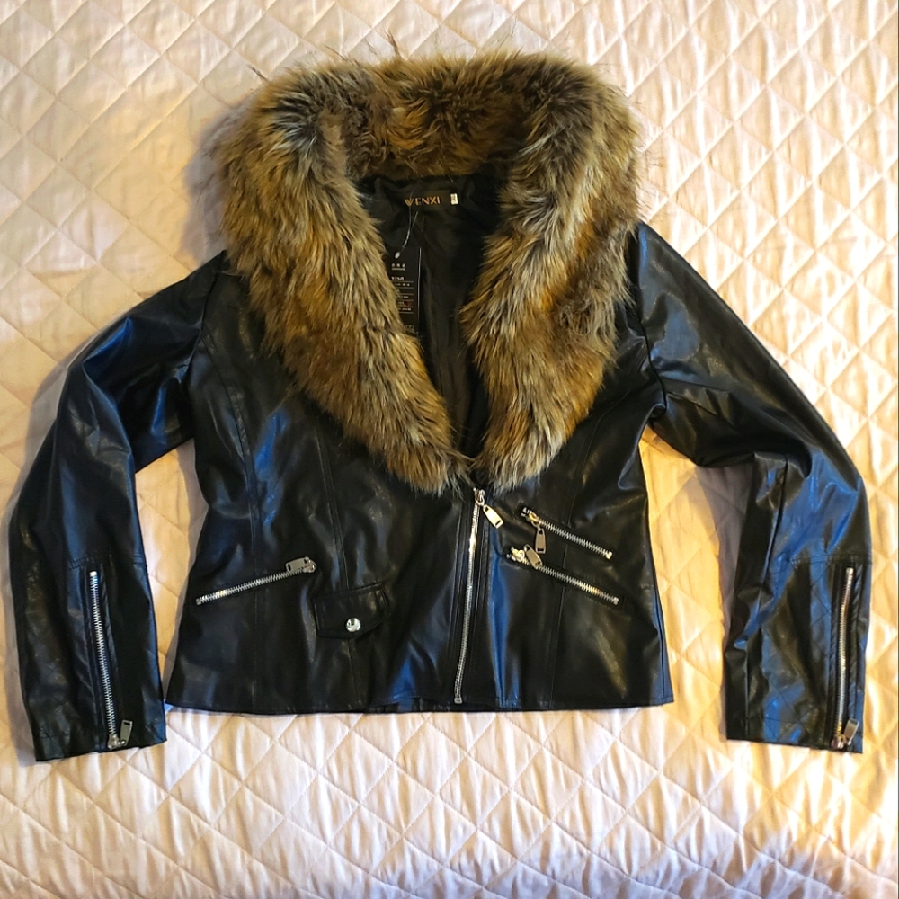 Wenxi Vegan Leather Faux Fur Zippered Jacket